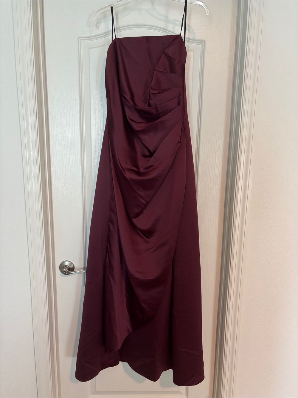 Urban Girl Nites Strapless Draped Satin Gown in Burgundy